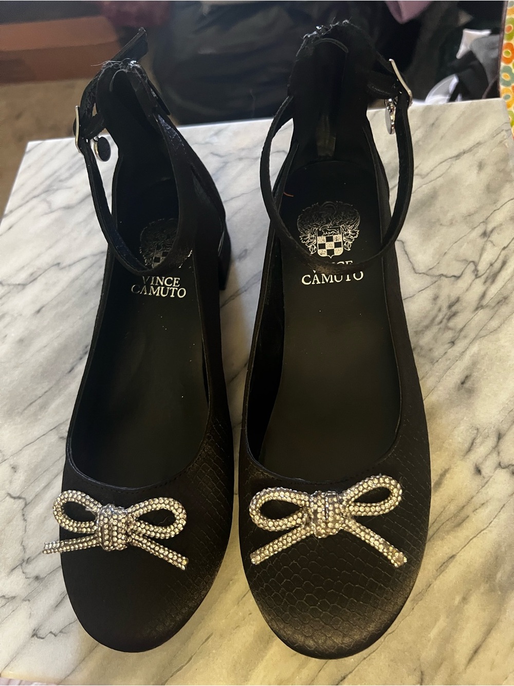 Vince Camuto Black Ankle-Strap Ballet Flats with Crystal Bow Accent